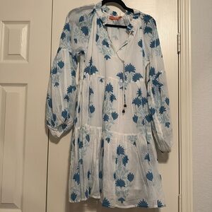 NWT OLIPHANT Ballon Sleeve Tiered Short Mini Dress Gauzy Cotton Floral Ties S